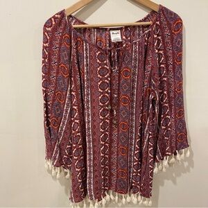 Wrangler boho top flowy western burgundy shirt with tassels size large